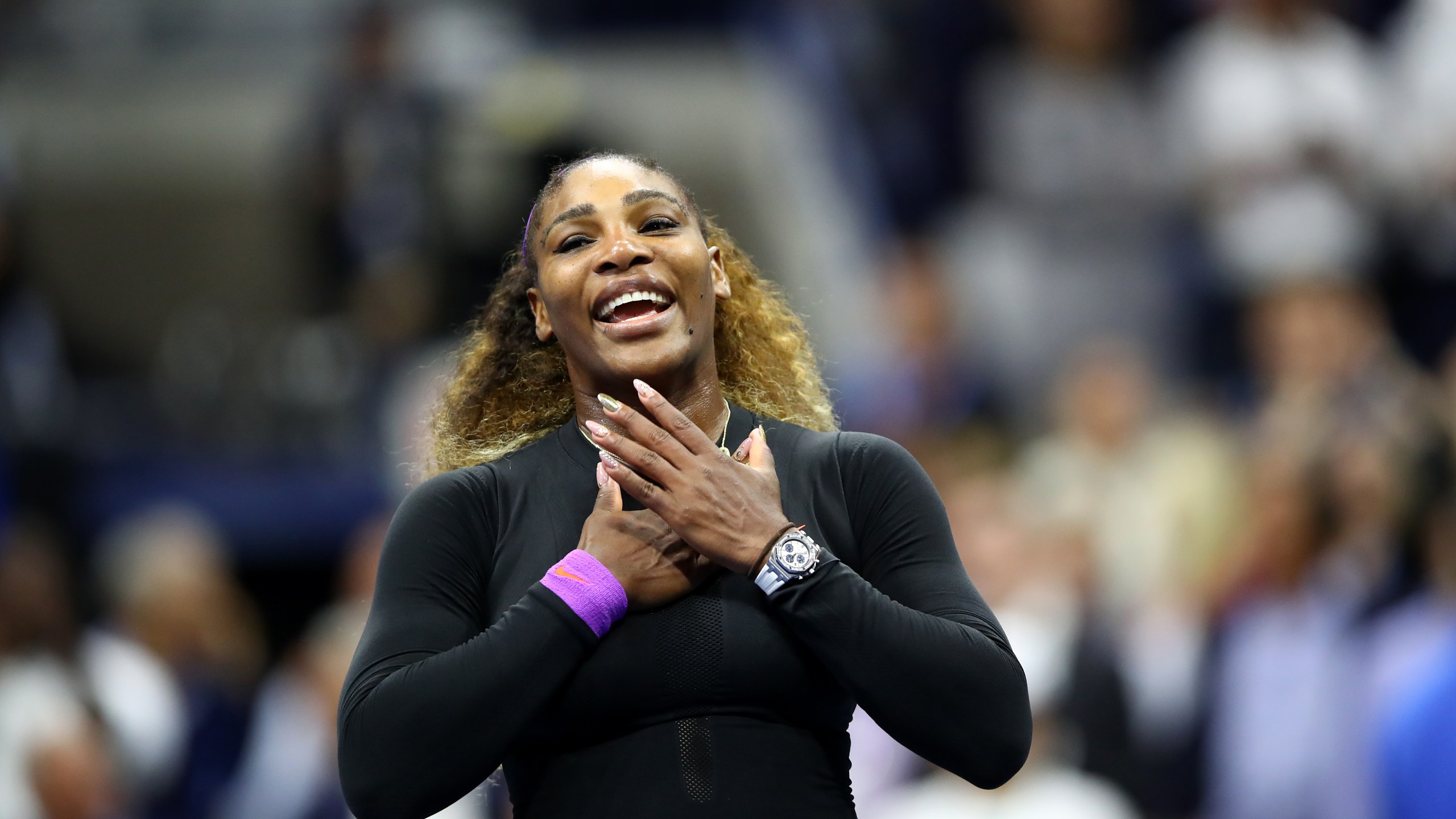 Serena Williams looks to the crowd after winning her Women's Singles semi-final match against Elina Svitolina of the Ukraine on day 11 of the 2019 U.S. Open at the USTA Billie Jean King National Tennis Center on Sept. 5, 2019 in Queens, New York City. (Credit: Clive Brunskill/Getty Images)