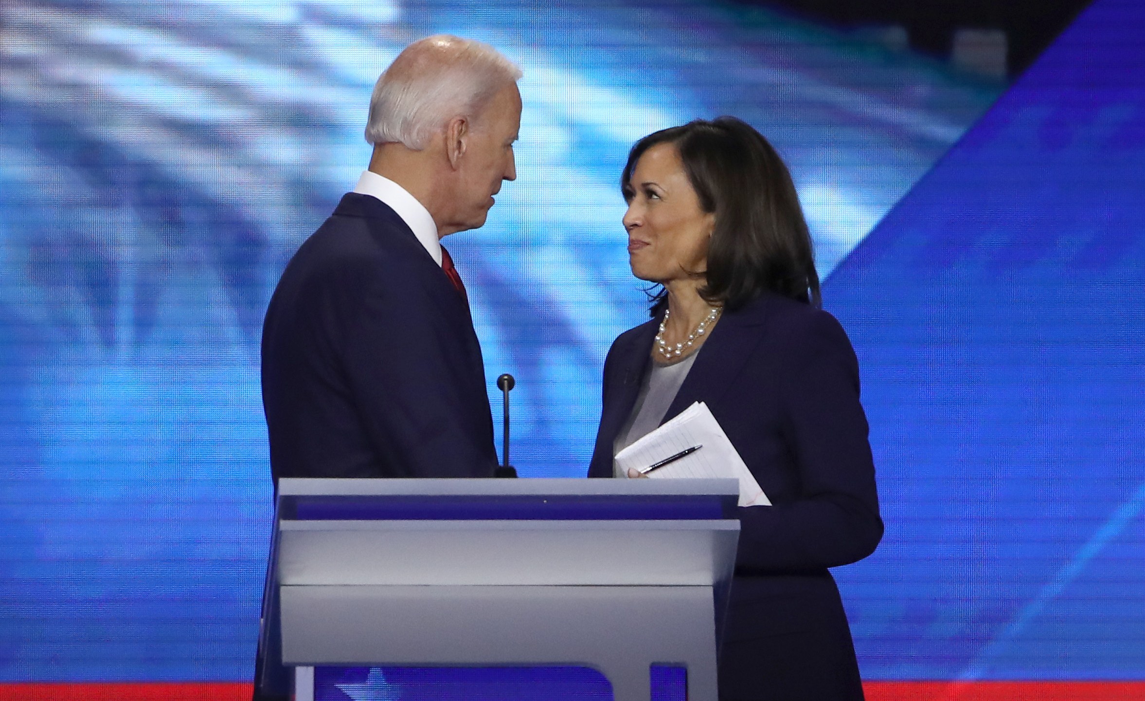 Joe Biden and Kamala Harris speak after the Democratic presidential debate at Texas Southern University on Sept. 12, 2019 in Houston. (Credit: Win McNamee/Getty Images)