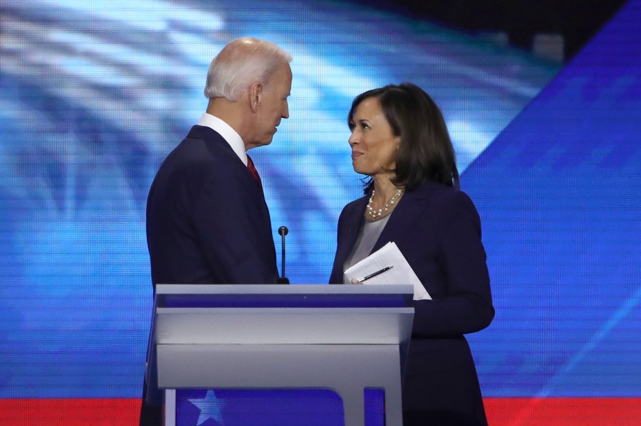 Joe Biden and Kamala Harris speak after the Democratic presidential debate at Texas Southern University on Sept. 12, 2019 in Houston. (Credit: Win McNamee/Getty Images)