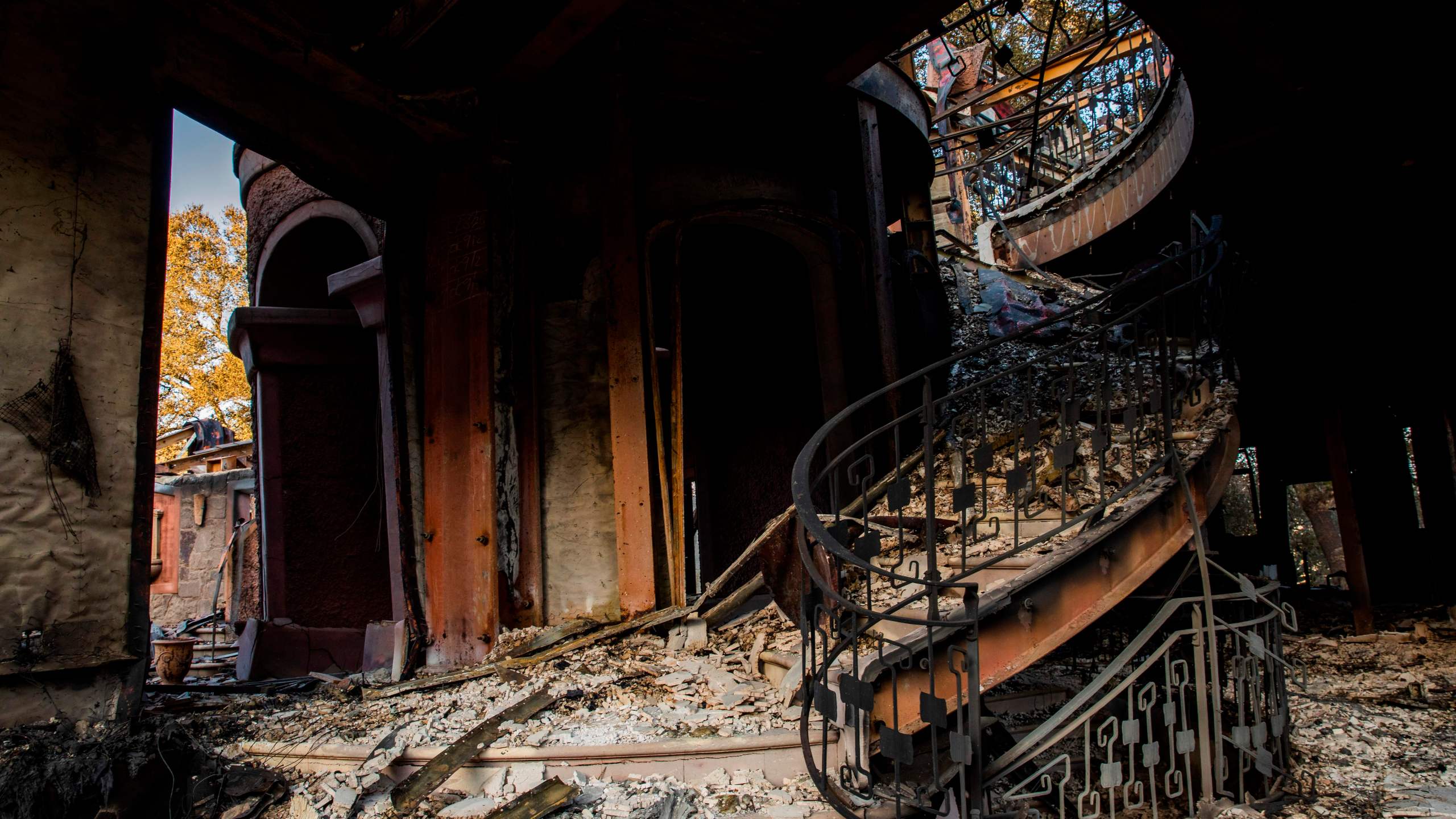 A structure devastated by the Kincade Fire off Briggs Ranch Road in Kellogg is seen on Oct. 31, 2019. (Credit: Philip Pacheco / AFP / Getty Images)