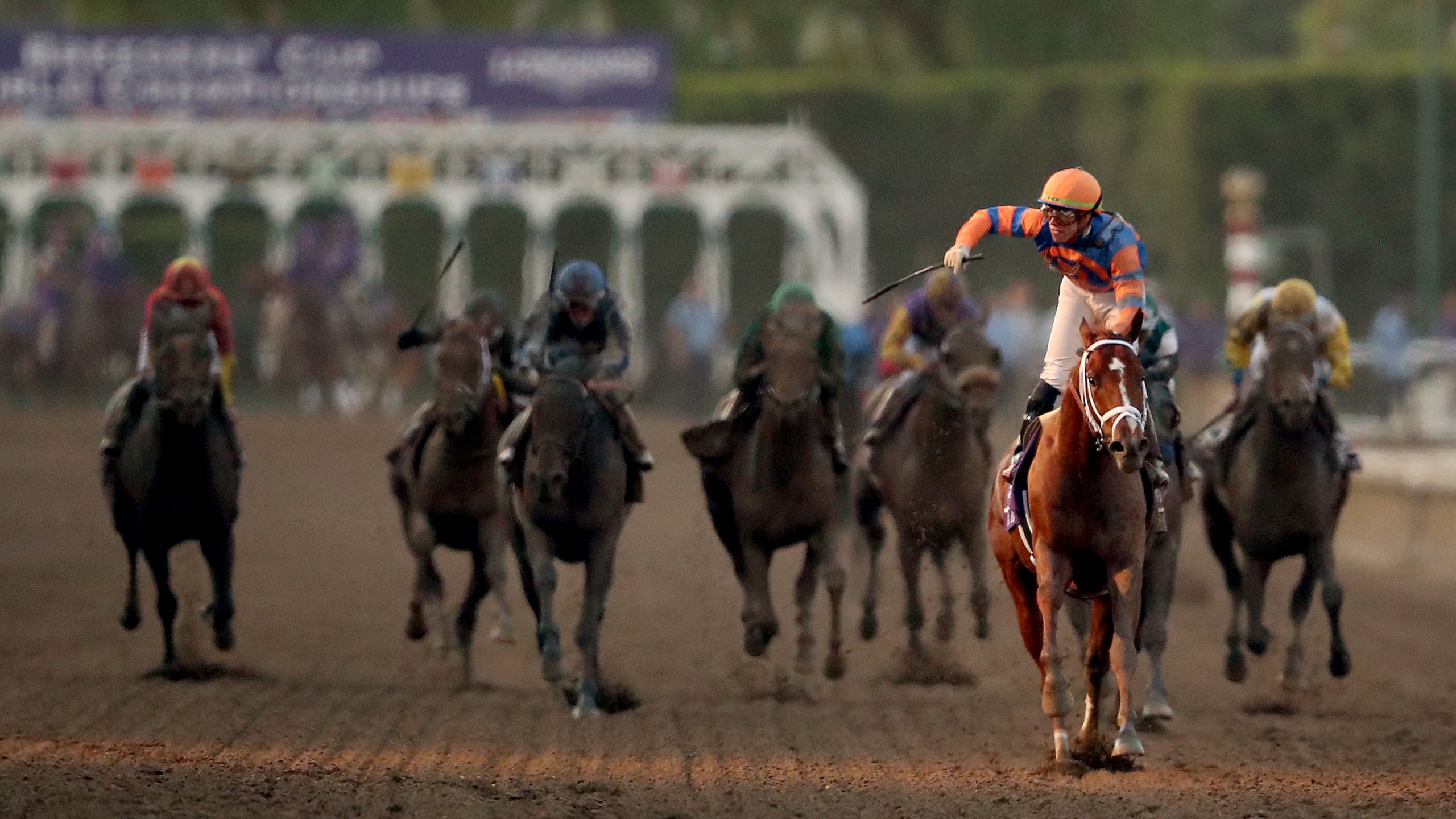 Jockey Irad Ortiz Jr. aboard Vino Rosso reacts after winning the Breeders' Cup Classic race at Santa Anita Park on Nov. 2, 2019. (Credit: Sean M. Haffey / Getty Images)