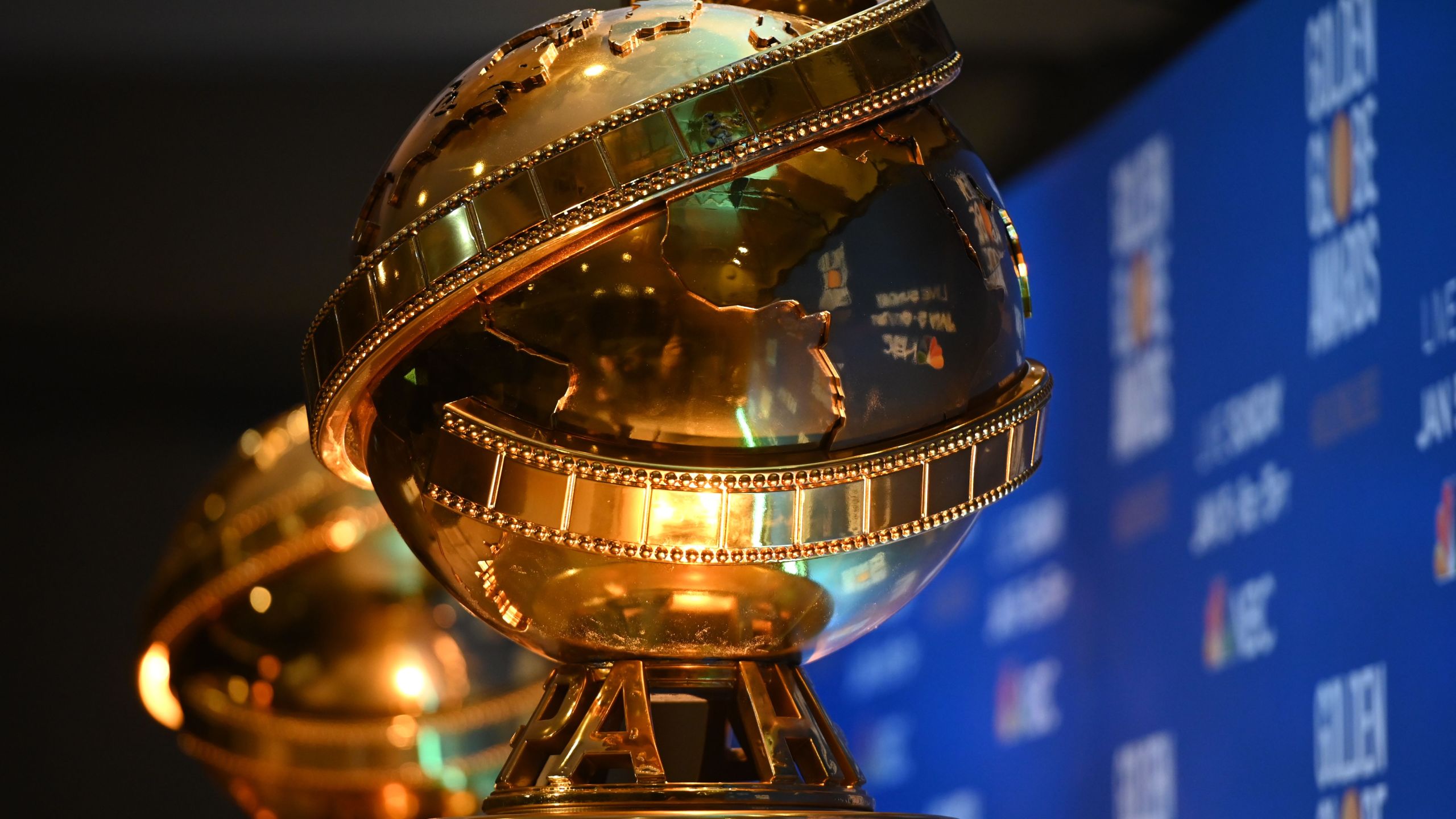 Golden Globe trophies are set by the stage ahead of the 77th Annual Golden Globe Awards nominations announcement at the Beverly Hilton hotel in Beverly Hills on Dec. 9, 2019. (Credit: ROBYN BECK/AFP via Getty Images)