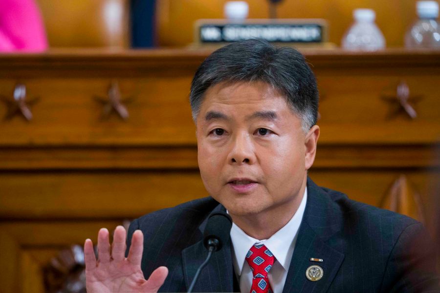 Rep. Ted Lieu questions Intelligence Committee Minority Counsel Stephen Castor and Intelligence Committee Majority Counsel Daniel Goldman during the House impeachment inquiry hearings in Washington, D.C. on Dec. 9, 2019.(DOUG MILLS/POOL/AFP via Getty Images)