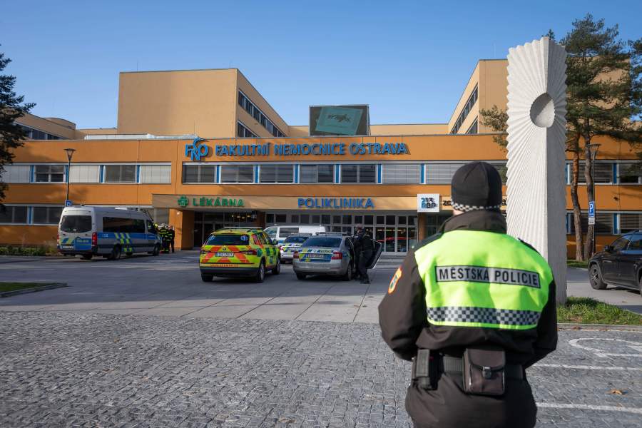 A policeman stands in front of the Faculty Hospital in Ostrava, eastern Czech Republic, after a gunman opened fire killing six people, on December 10, 2019. (Credit: RADEK MICA/AFP via Getty Images)