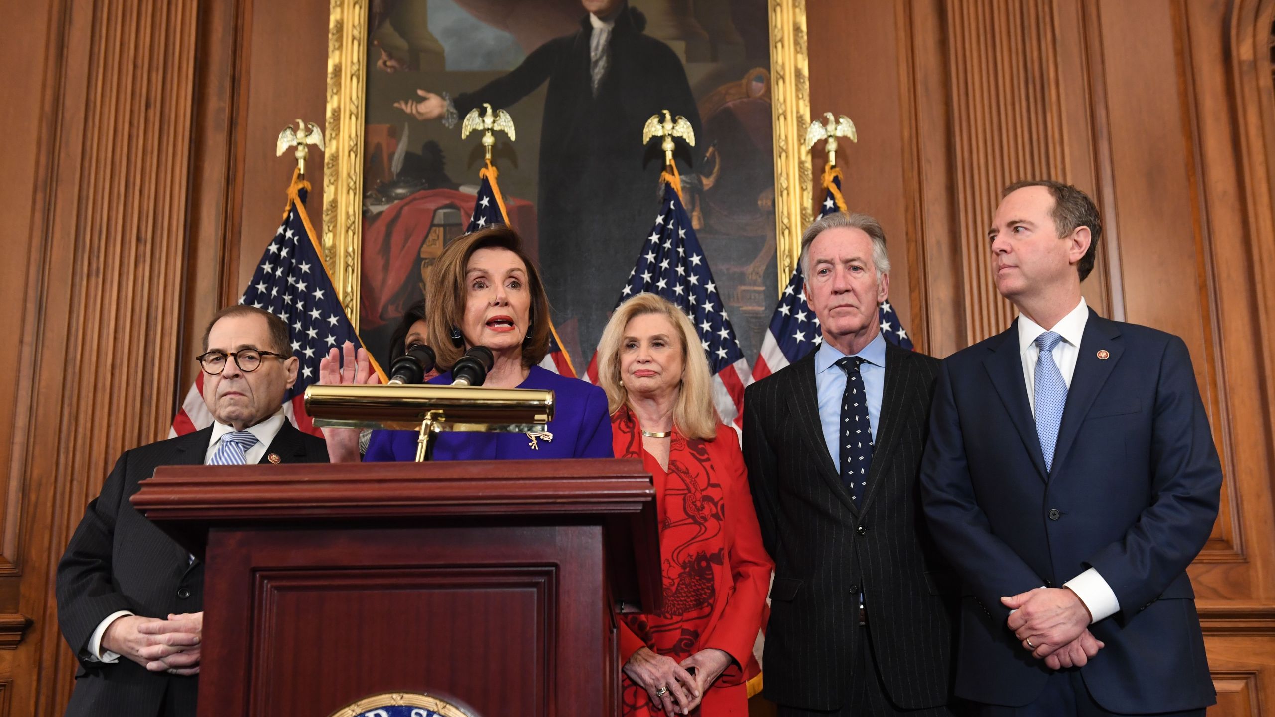 House Speaker Nancy Pelosi, center, flanked by Rep. Jerry Nadler (D-NY) and Rep. Adam Schiff (D-CA), holds a press conference at the U.S. Capitol in Washington, D.C. on Dec. 10, 2019. (Credit: SAUL LOEB/AFP via Getty Images)