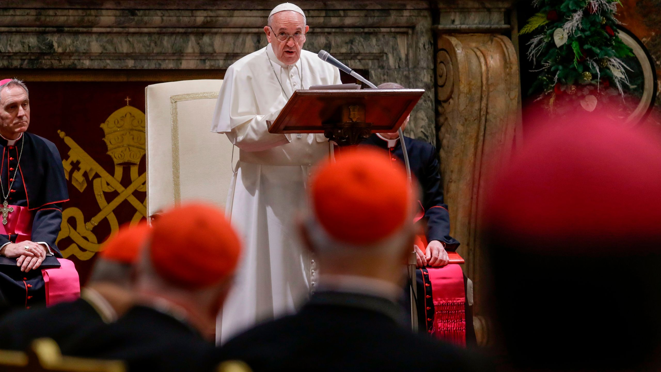 Pope Francis delivers a speech during a ceremony of Christmas greetings to the Roman Curia, in the Clementine Hall at the Vatican on Dec. 21, 2019. (Credit: ANDREW MEDICHINI/POOL/AFP via Getty Images)