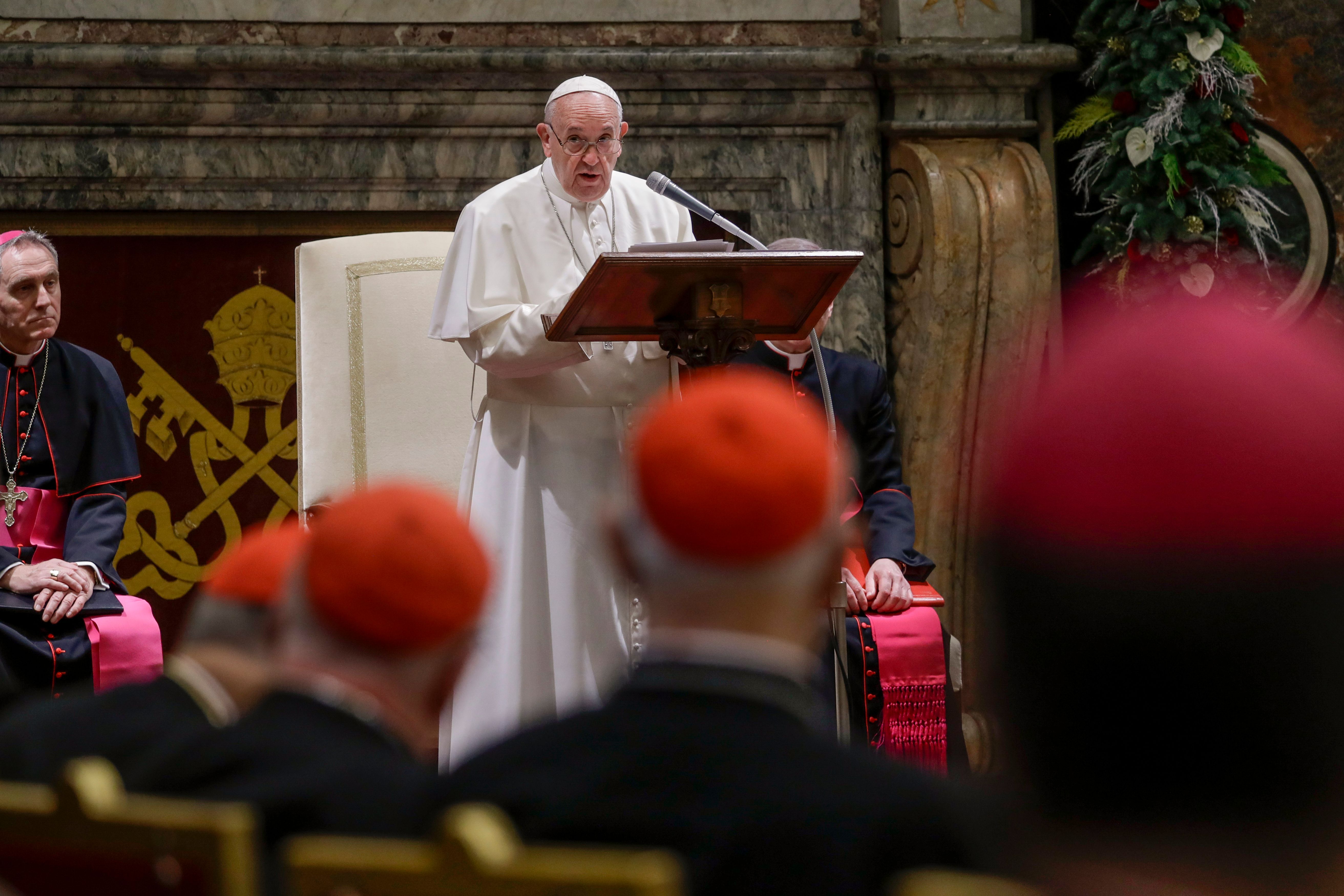 Pope Francis delivers a speech during a ceremony of Christmas greetings to the Roman Curia, in the Clementine Hall at the Vatican on Dec. 21, 2019. (Credit: ANDREW MEDICHINI/POOL/AFP via Getty Images)