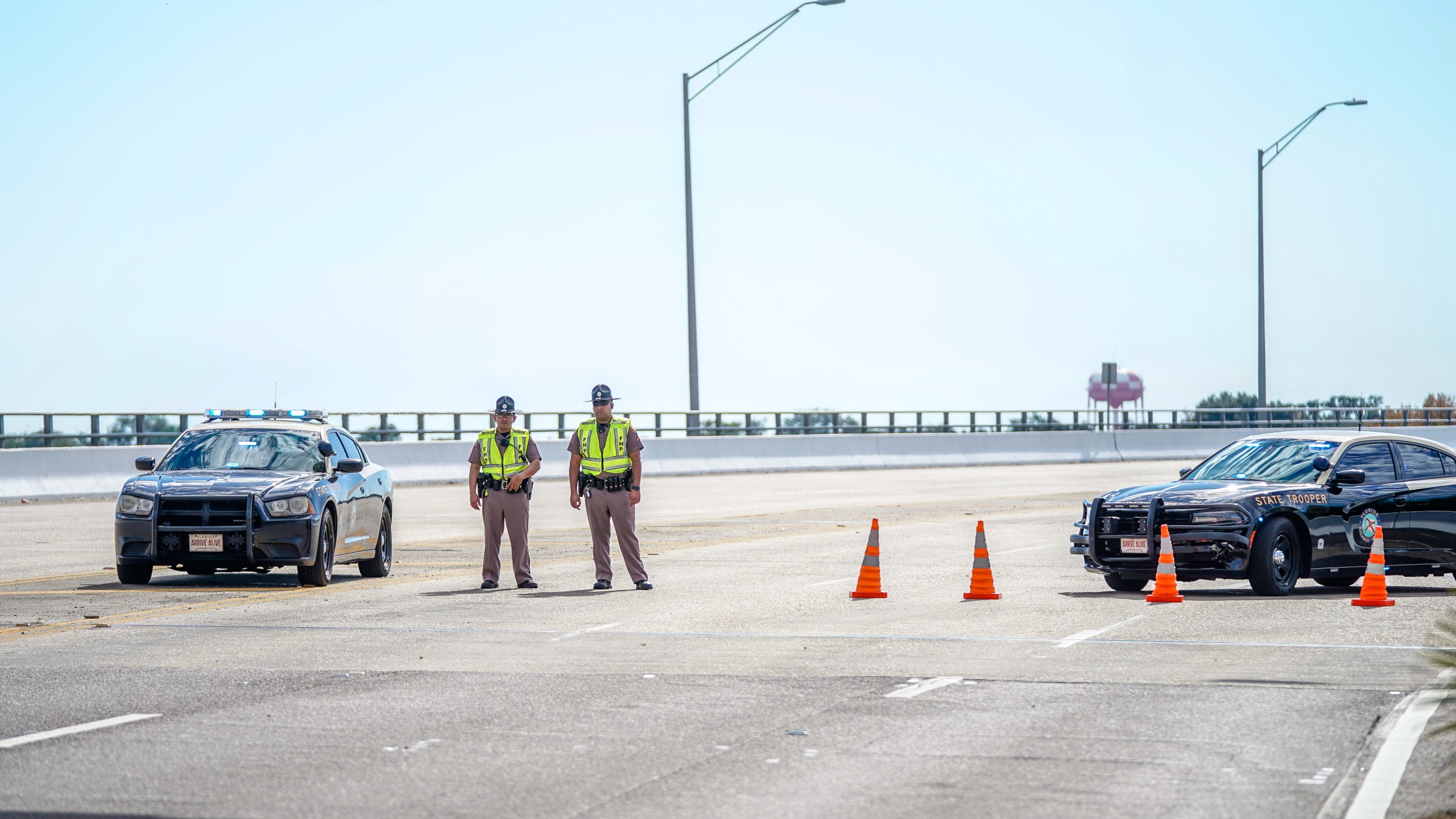 Florida State Troopers block traffic over the Bayou Grande Bridge leading to the Pensacola Naval Air Station following a shooting on Dec. 6, 2019 in Pensacola. (Josh Brasted/Getty Images)