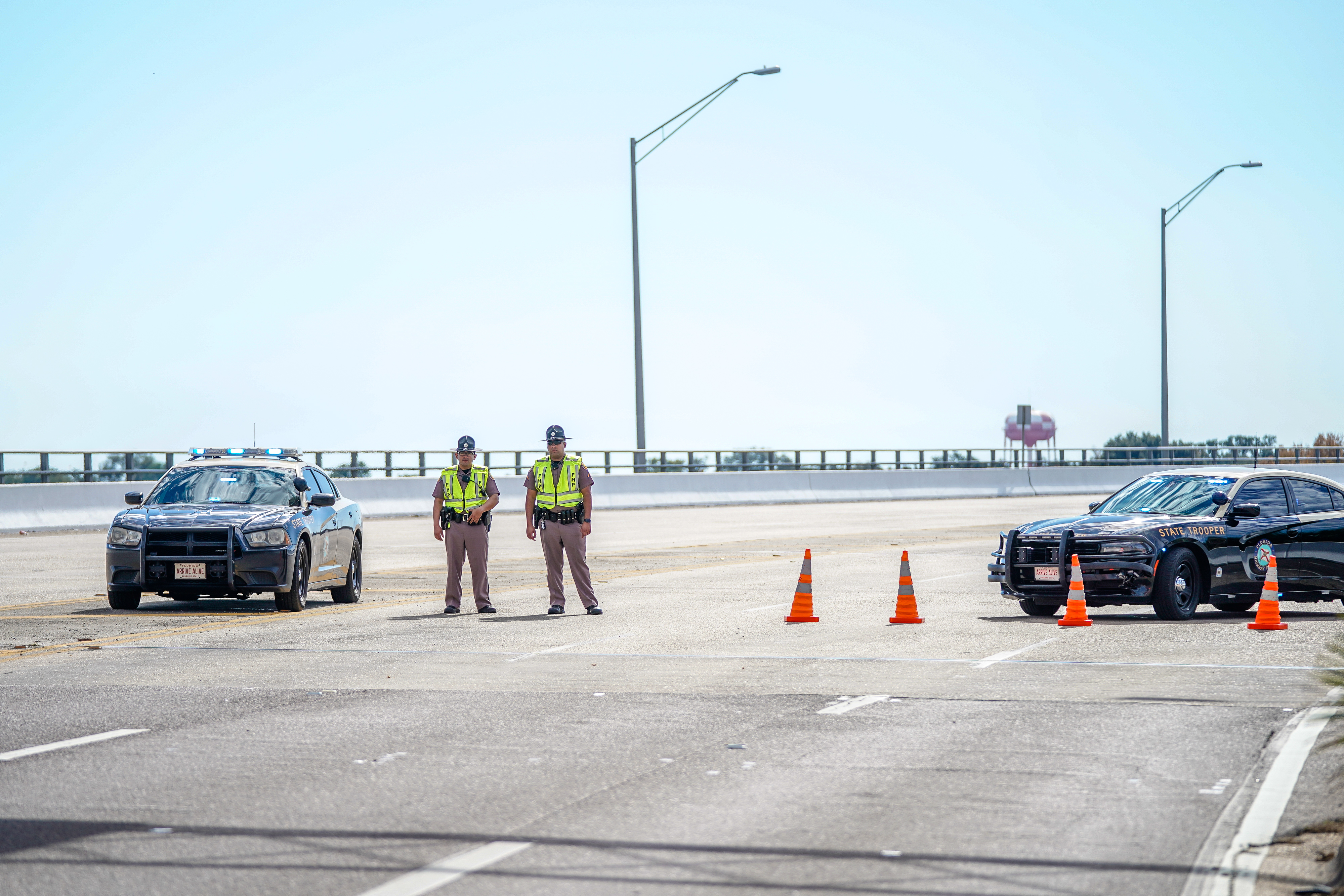 Florida State Troopers block traffic over the Bayou Grande Bridge leading to the Pensacola Naval Air Station following a shooting on Dec. 6, 2019 in Pensacola. (Josh Brasted/Getty Images)