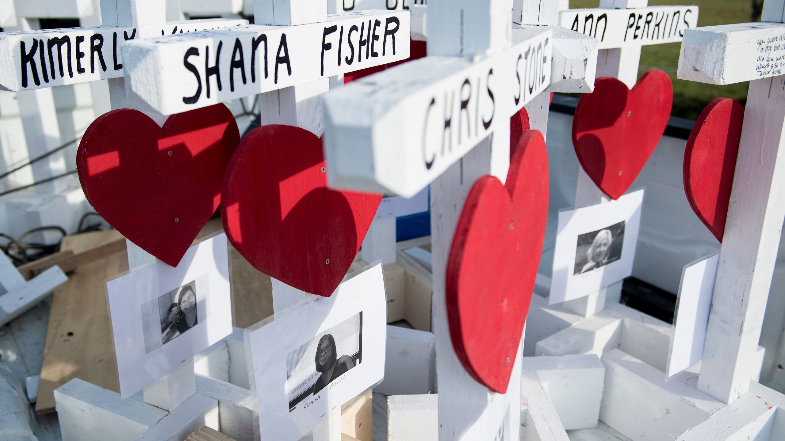 Crosses made by Greg Zanis for the victims of the Santa Fe High School shooting are seen at the high school, on May 21, 2018. (Credit: Brendan Smialowski / Getty)