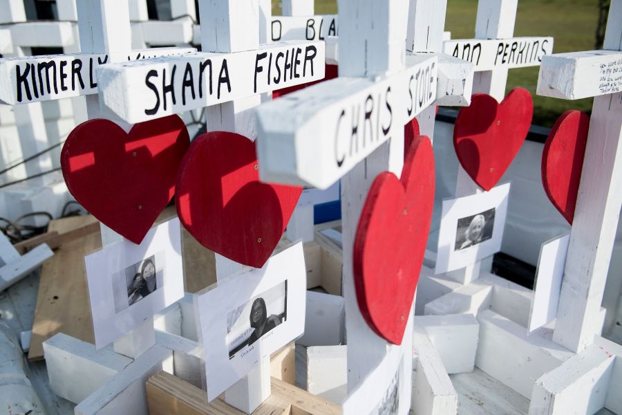 Crosses made by Greg Zanis for the victims of the Santa Fe High School shooting are seen at the high school, on May 21, 2018. (Credit: Brendan Smialowski / Getty)