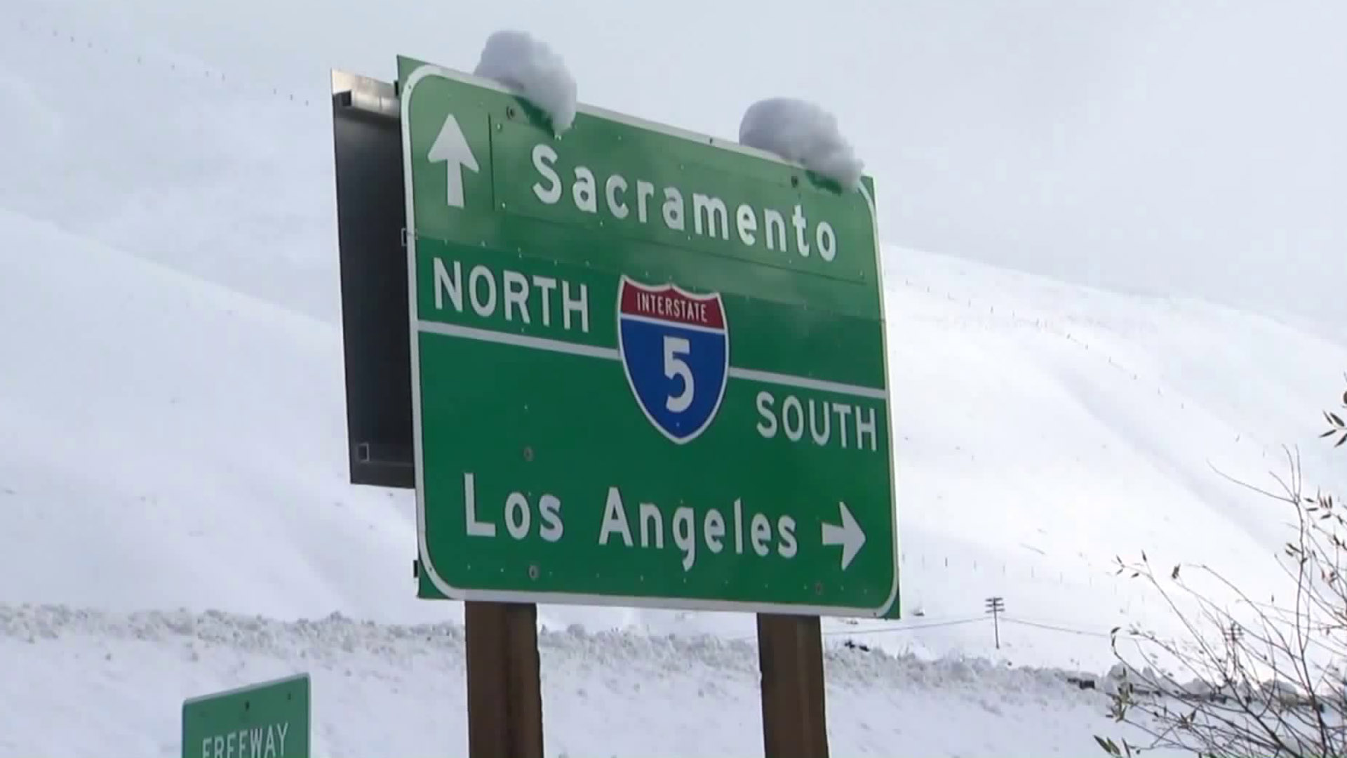 A sign for the 5 Freeway is seen through the Grapevine in December 2019. (Credit: KTLA)