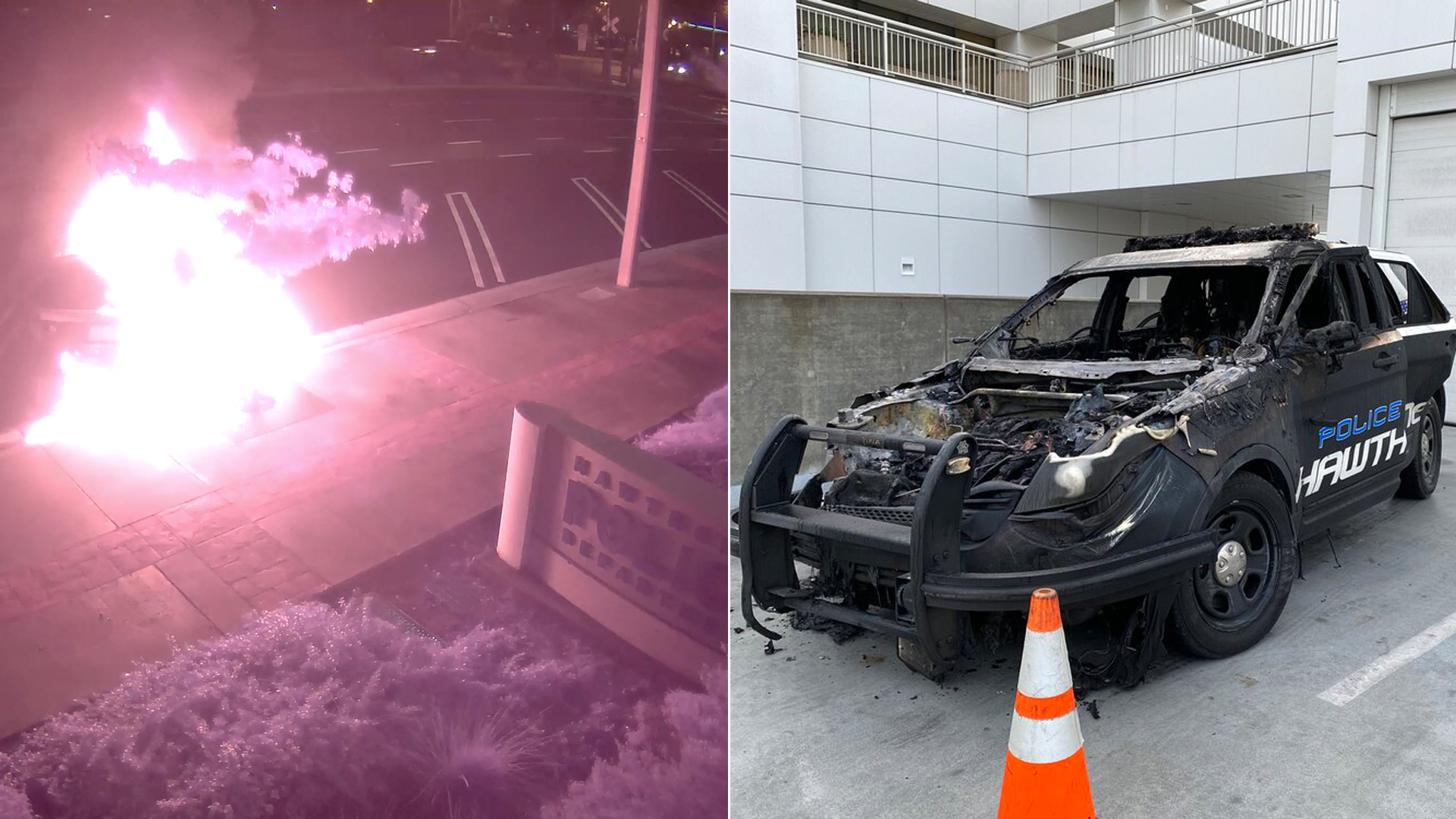 Hawthorne police released a video and a photo of a patrol SUV that was destroyed after a person set it on fire on Dec. 5, 2019.