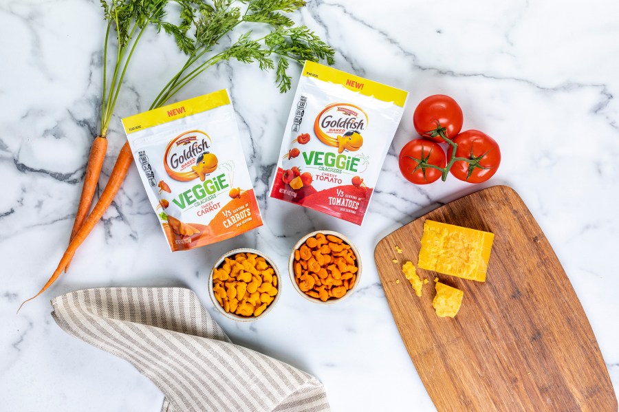 Veggie Goldfish crackers in sweet carrot and cheesy tomato flavor are seen in an image released by Campbell in December 2019.