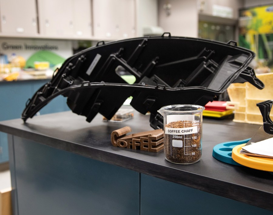 A car part made partially of coffee waste is seen in a photo released by Ford in December 2019. (Credit: Rob Widdis Photography/Ford)