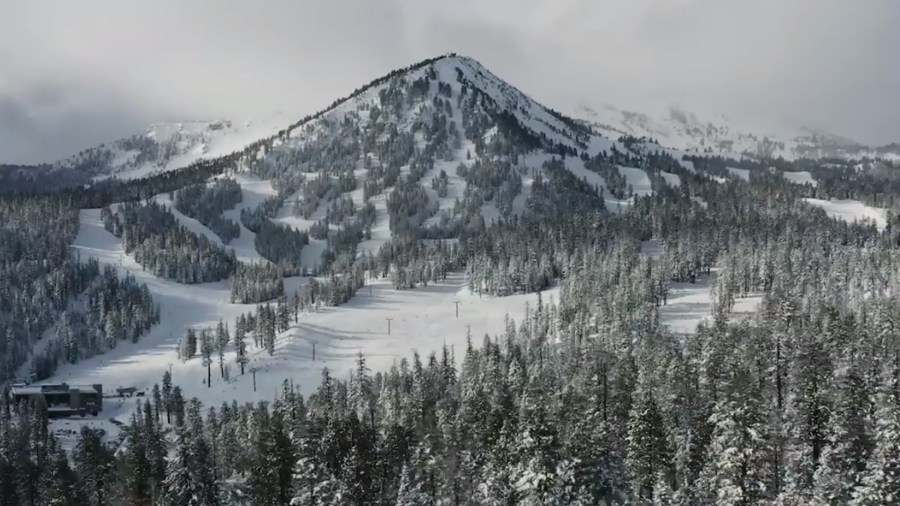 Drone video from Mammoth Mountain shows the resort covered in snow on Dec. 9, 2019.