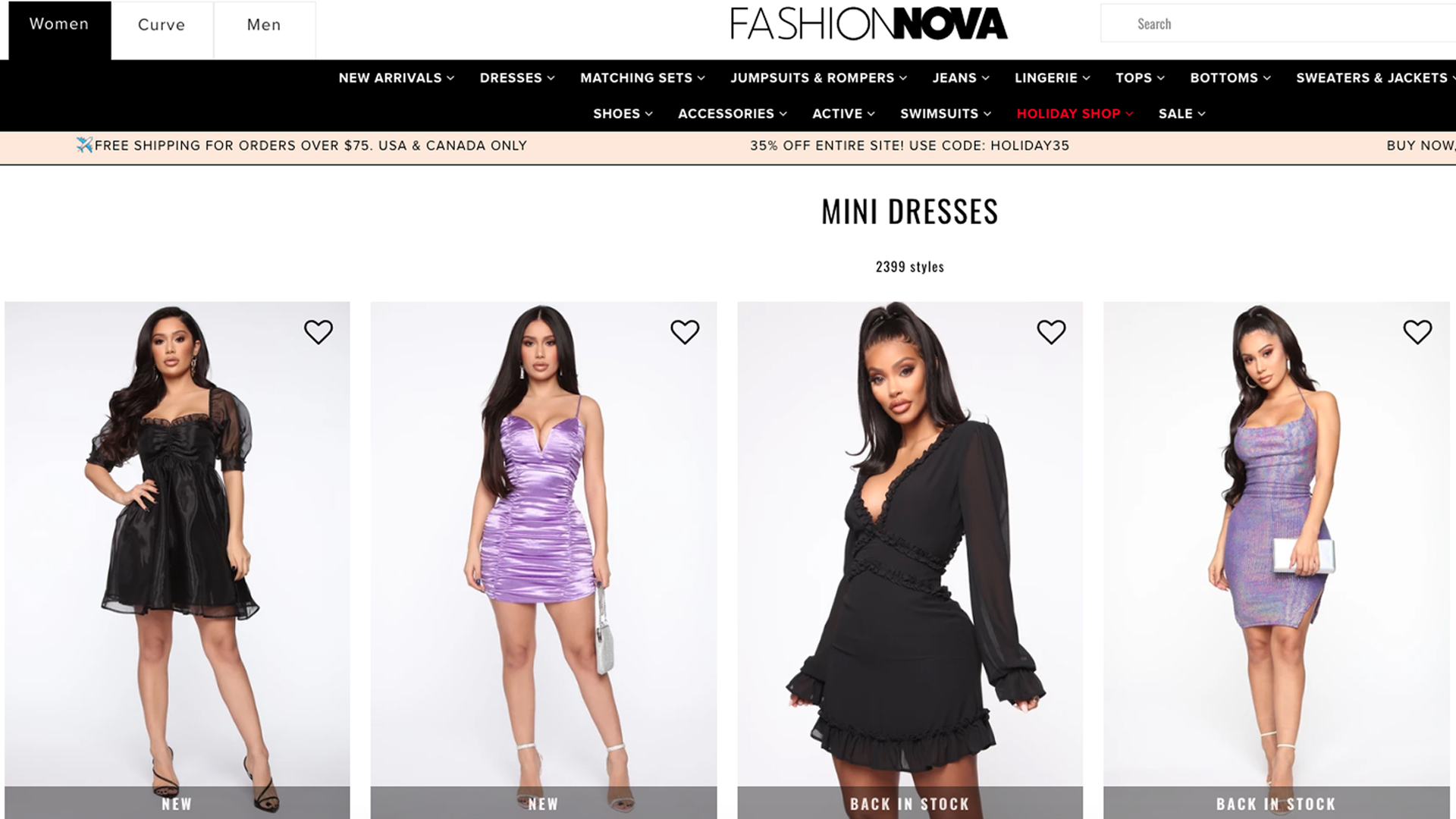 Mini dresses sold by Fashion Nova are displayed on the retailer’s website on Dec. 19, 2019.