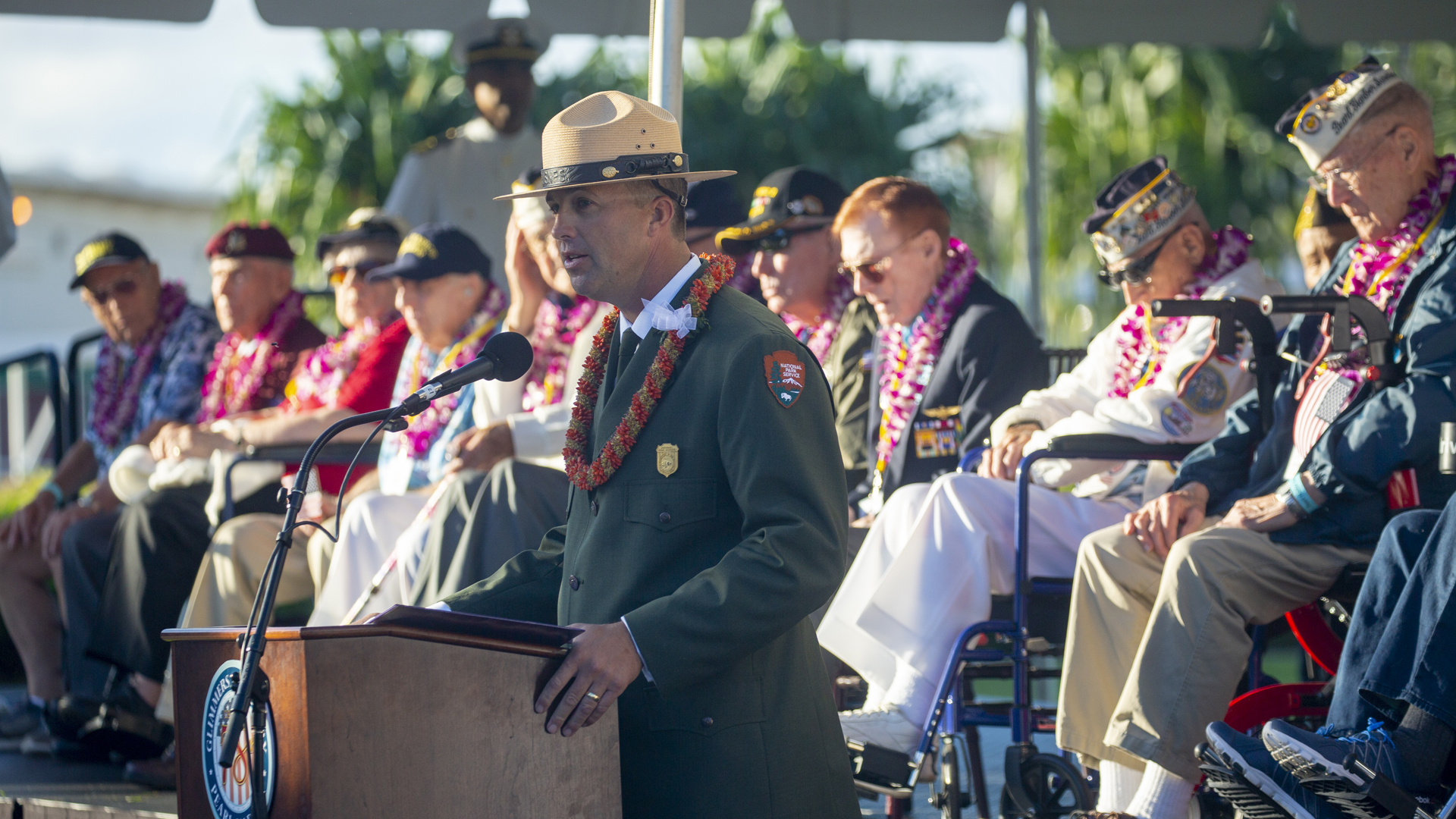 Master of Ceremonies, Chief of Interpretation Jason Blount Pearl Harbor National Memorial gives the Welcome as Pearl Harbor Commemorates the 78th Anniversary Of World War II Attacks as Pearl Harbor Commemorates the 78th Anniversary Of World War II Attacks at the Pearl Harbor National Memorial on December 7, 2019 in Honolulu, Hawaii. (Credit: Kat Wade/Getty Images)