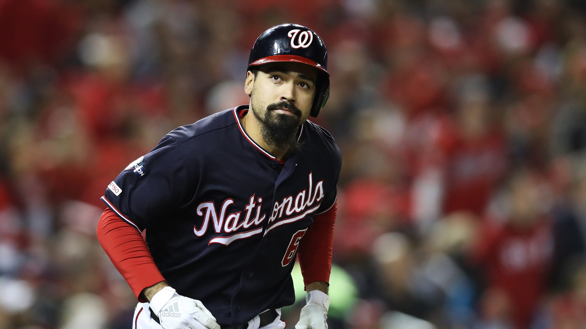 Anthony Rendon of the Washington Nationals reacts as he flies out in the seventh inning against the St. Louis Cardinals during game four of the National League Championship Series at Nationals Park on October 15, 2019 in Washington, DC. (Credit: Rob Carr/Getty Images)