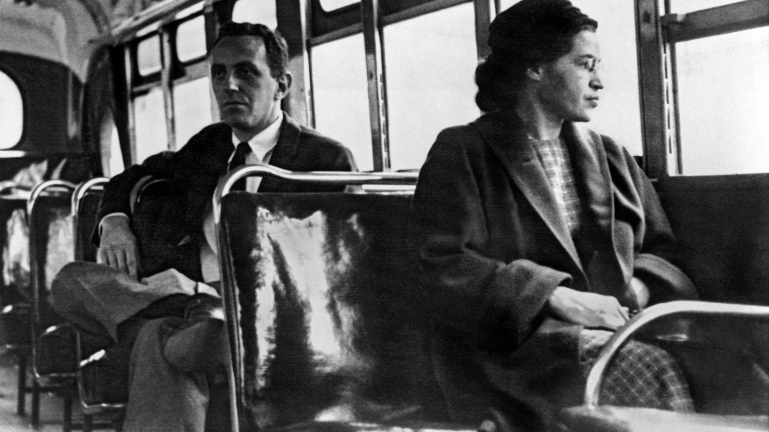 Rosa Parks seated toward the front of the bus, Montgomery, Ala., 1956.