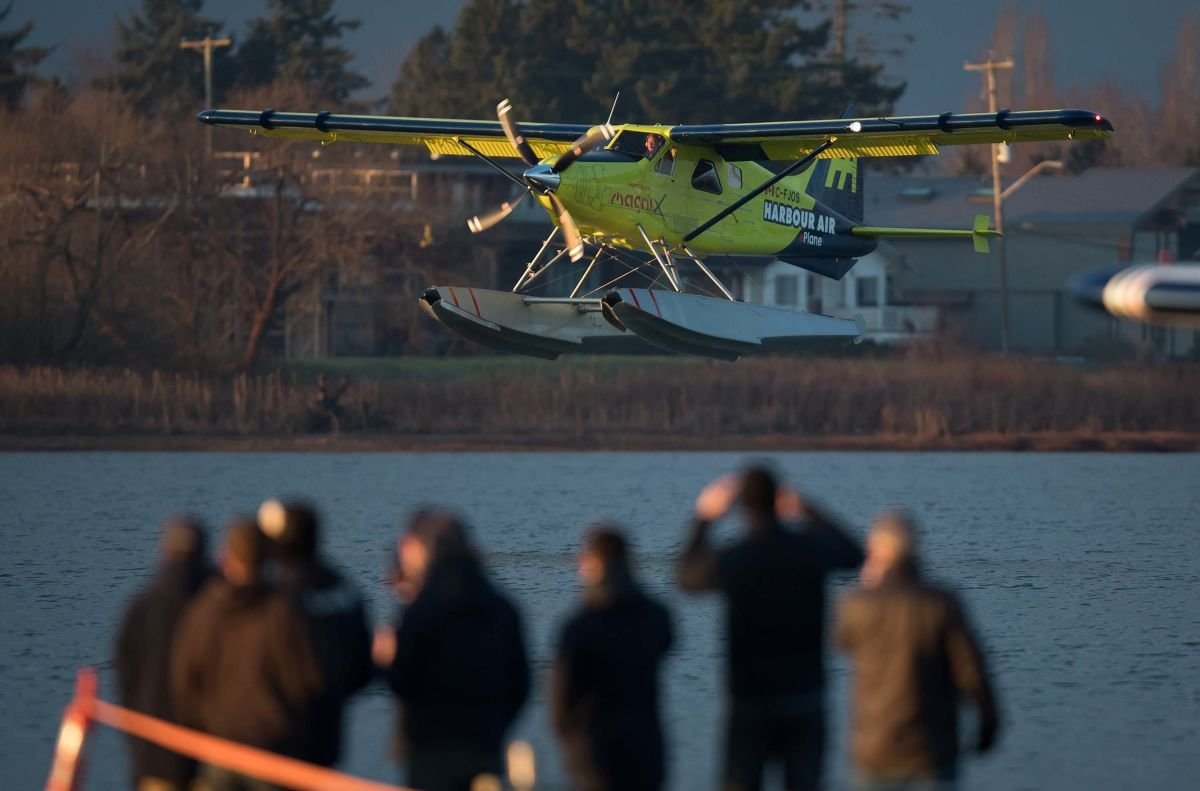 A fully electric commercial plane has completed a test flight in Canada in what operators have called a "world first" for the aviation industry. (Credit: Darryl Dyck/Bloomberg via Getty Images)