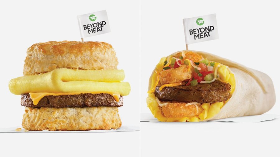 Carl's Jr. is serving a Beyond Sausage burrito, made with Beyond's meatless sausage, egg, cheese and other ingredients, as well as a Beyond Sausage egg and cheese biscuit. (Credit: Carl's Jr.)