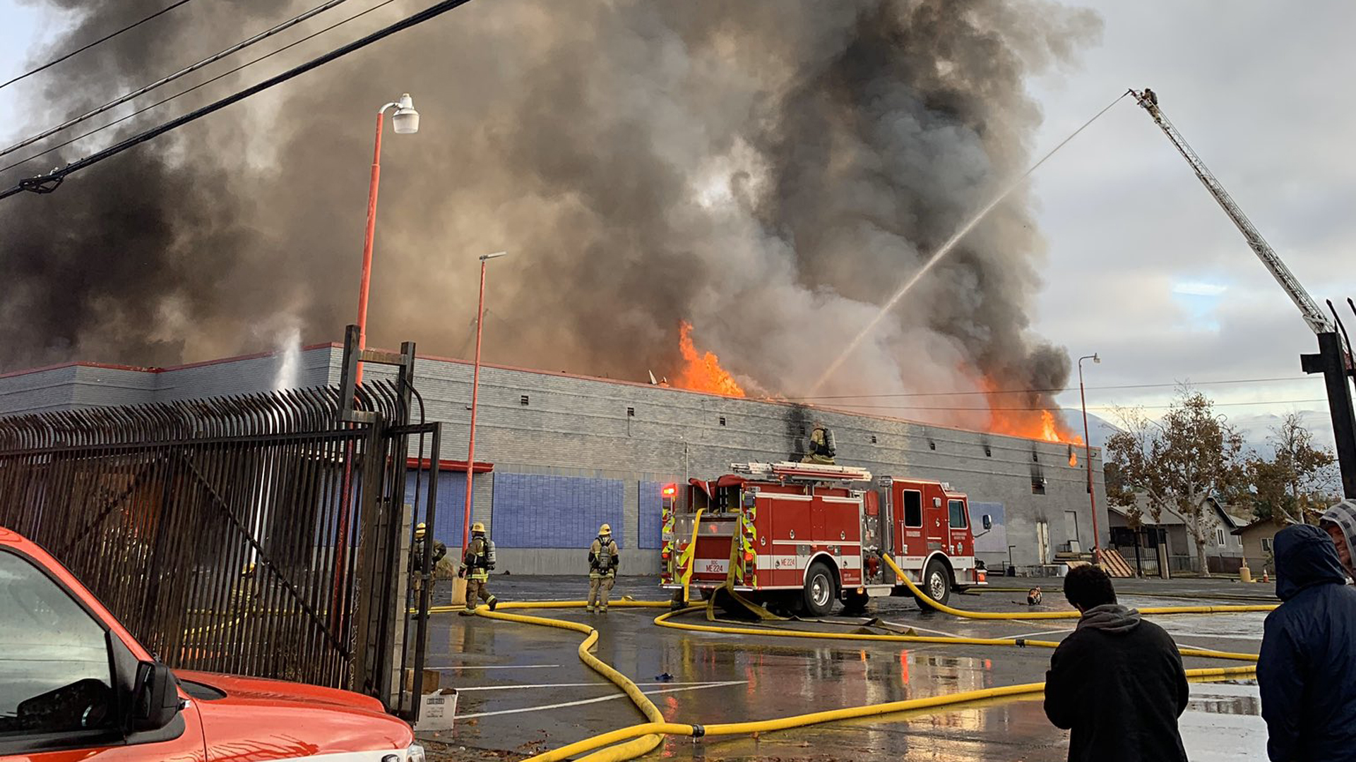 Firefighters battled a blaze aggressively burning at a vacant commercial structure in San Bernardino on Dec. 5, 2019. (Credit: San Bernardino County fire Chief Dan Munsey)