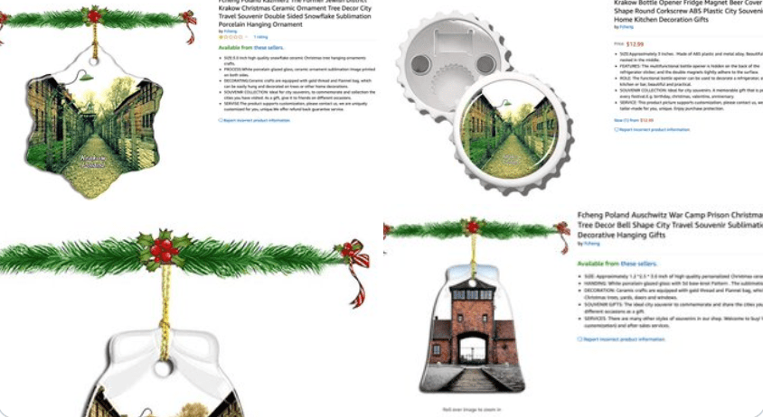 The Auschwitz Museum tweeted these images on Dec. 1, 2019 of Auschwitz "Christmas ornaments" that were sold on Amazon.