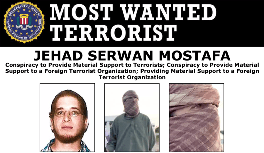 Jehad Serwan Mostafa appears in a wanted poster released by the FBI on Dec. 2, 2019.