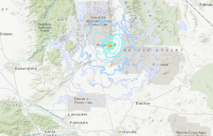 A U.S. Geological Survey map shows where a magnitude 3.9 earthquake hit near Ridgecrest at 12:24 a.m. on Dec. 21, 2019.