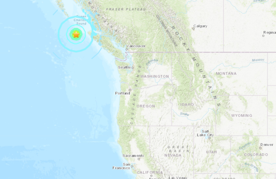 A U.S. Geological Survey map indicates where a magnitude 6.3 earthquake struck off the coast of British Columbia on Dec. 24, 2019.