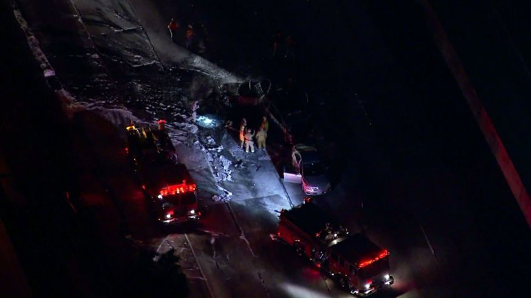 A person was killed in a fiery three-vehicle collision on the 60 Freeway in Industry on Jan. 9, 2020. (Credit: KTLA)