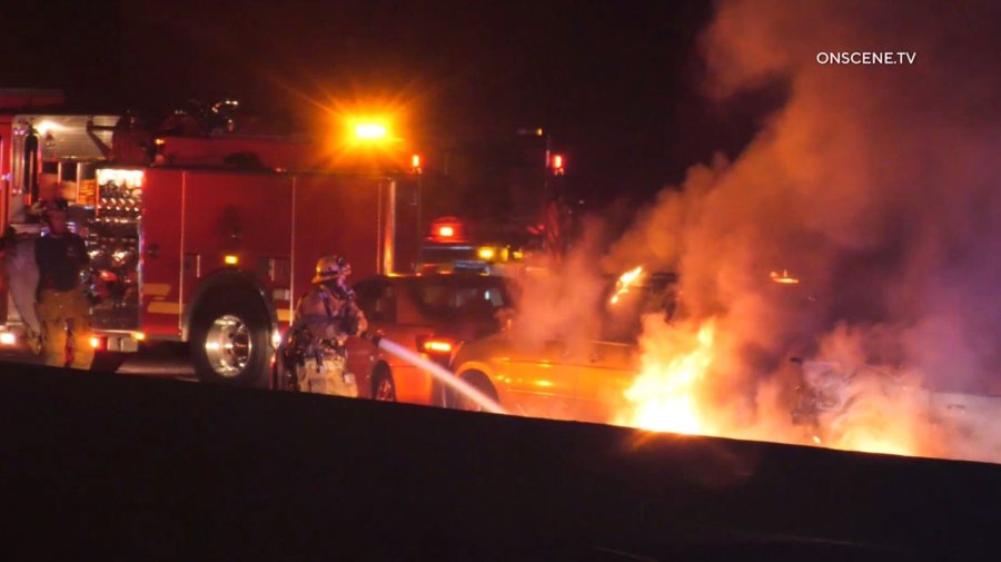 A person was killed in a fiery three-vehicle collision on the 60 Freeway in Industry on Jan. 9, 2020. (Credit: OnScene)