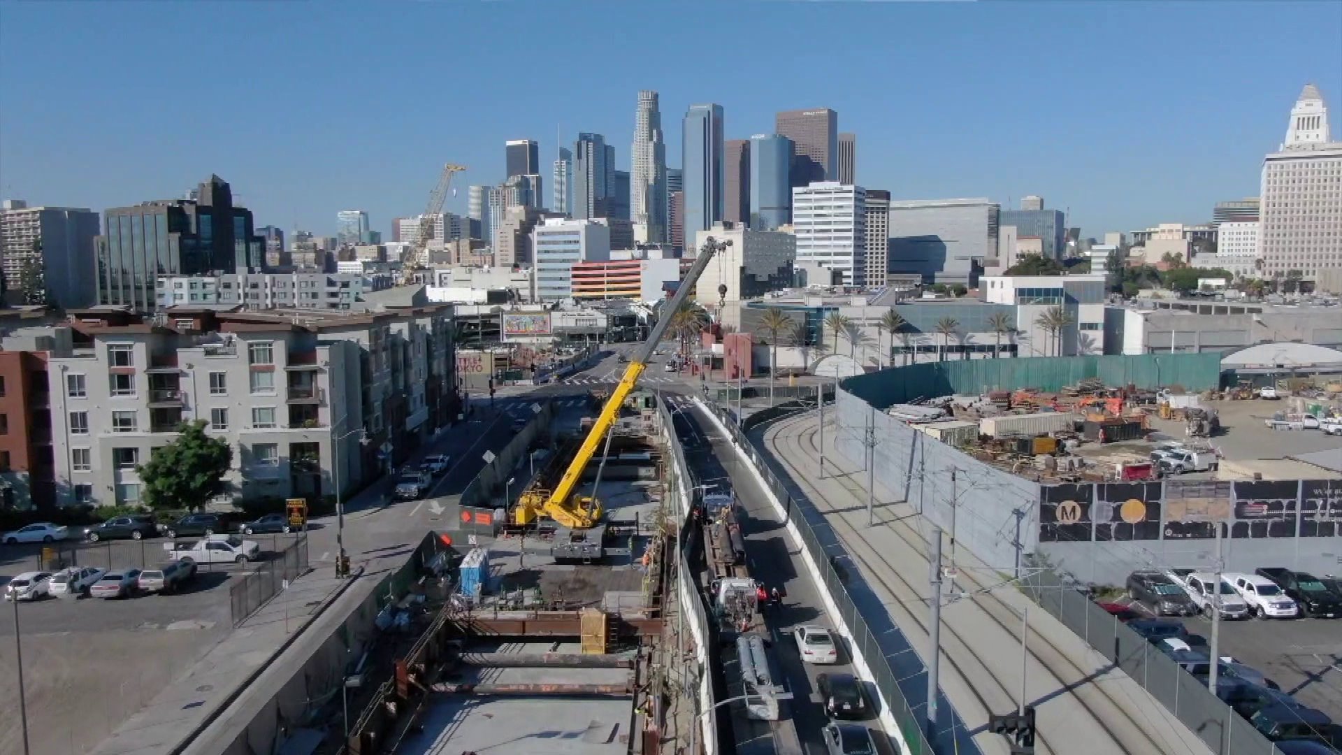 Construction of a new metro station is seen in Little Tokyo. (Credit: KTLA)