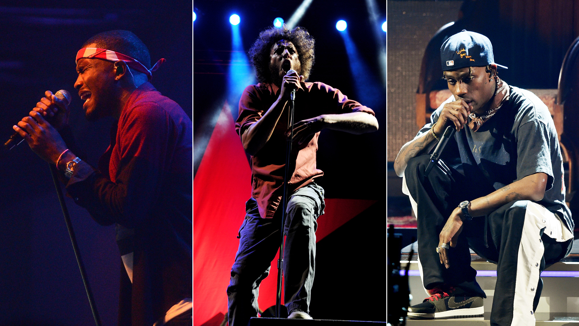 From left: Frank Ocean performs in New York City in 2012, singer Zack de la Rocha of Rage Against the Machine performs at the Los Angeles Memorial Coliseum in 2011 and Travis Scott performs at the Staples Center in February 2019. (Credit: Jason Kempin / Kevin Winter / Getty Images)