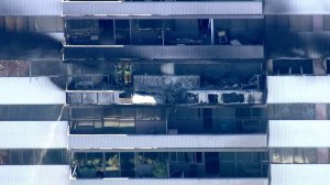 An image from Sky5 shows the damage from a blaze that ripped through Barrington Plaza on Jan. 29, 2020. (Credit: KTLA)