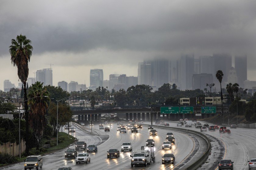 After a few storms in December 2019, like this one hovering above downtown Los Angeles, the region hasn’t seen much rain in January. (Credit: Irfan Khan / Los Angeles Times)