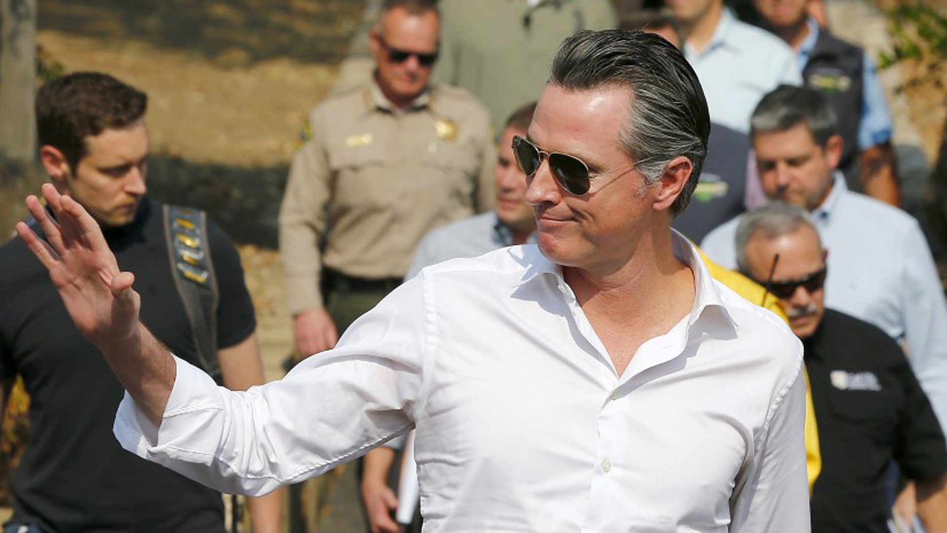 Gov. Gavin Newsom in Healdsburg after surveying fire devastation in Sonoma County on Oct. 25.(Credit: Luis Sinco / Los Angeles Times)