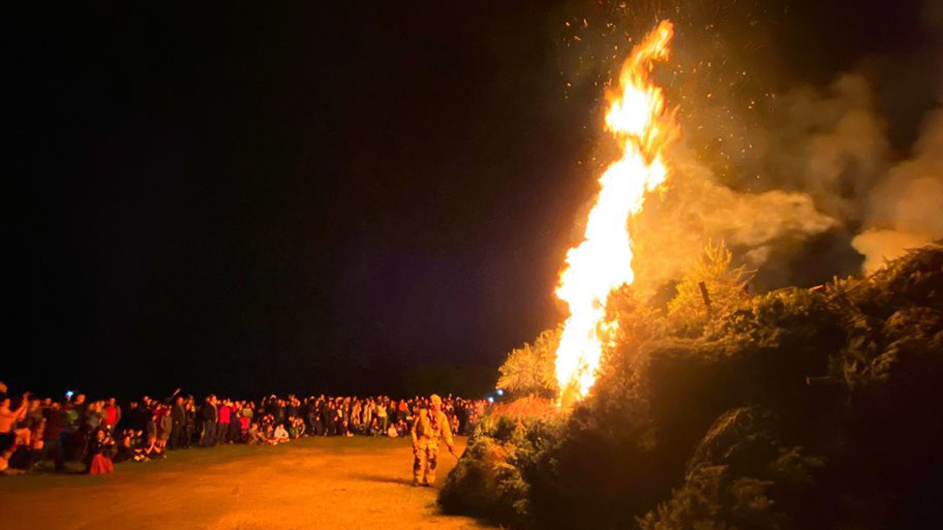 Firefighters set a pile of Christmas trees ablaze at the conclusion of the Julefest Celebration in Solvang on Jan. 3, 2019. (Credit: Santa Barbara County Fire Department)