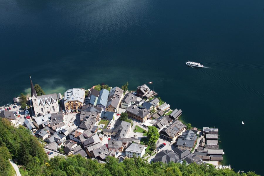 A picture taken from a suspended platform above the Hallstatt Lake shows an overview of Hallstatt, at the world heritage salt-mine in Hallstatt, Austria, on Aug. 16, 2018. (Credit: Alex Halada/AFP via Getty Images)