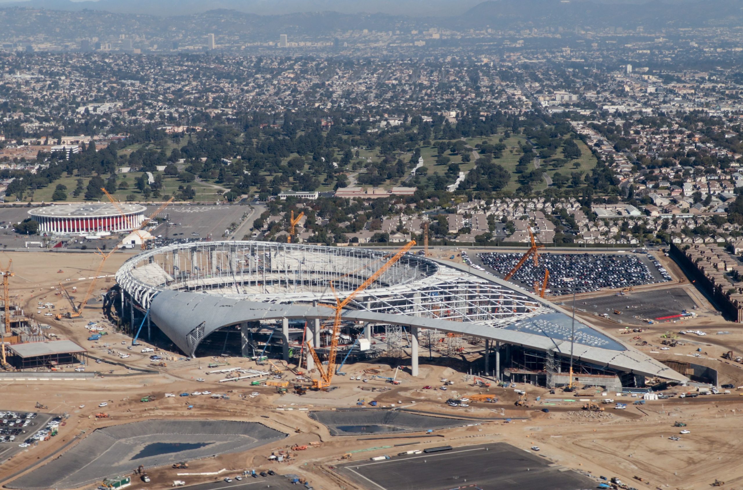 Construction at the SoFi Stadium in Inglewood, the future home of the Rams and Chargers, is seen in an aerial view on Oct. 23, 2019. (Daniel Slim / AFP / Getty Images)