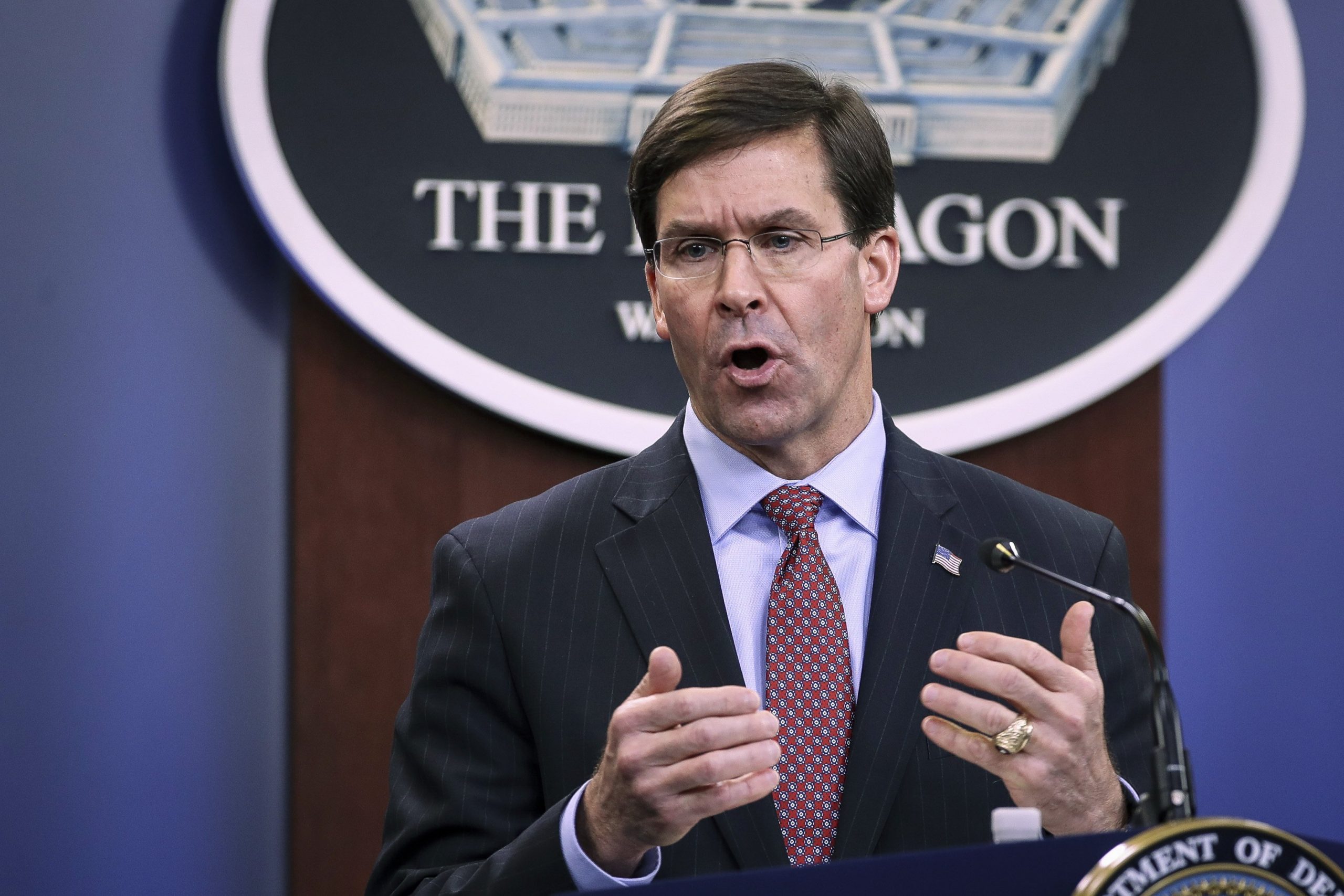 Secretary of Defense Mark Esper holds an end of year press conference at the Pentagon in Arlington, Virginia, on Dec. 20, 2019. (Credit: Drew Angerer / Getty Images)