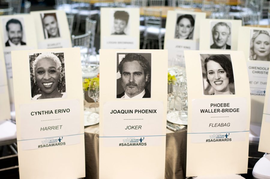 Seating cards are seen at the Silver Carpet Roll Out Event for the 26th Annual Screen Actors Guild Awards at the Shrine Auditorium, in Los Angeles on Jan. 17, 2020. (Credit: VALERIE MACON/AFP via Getty Images)