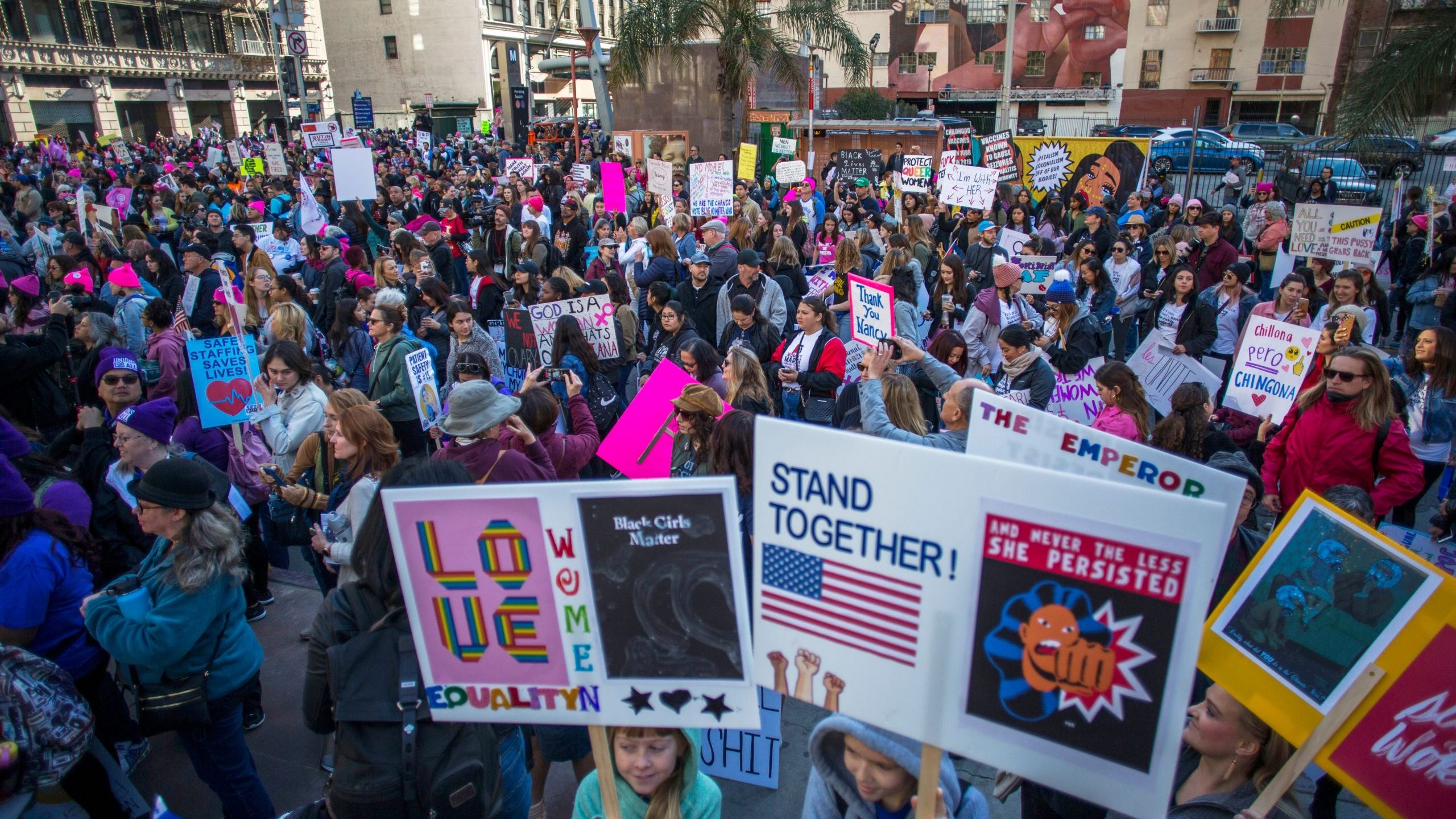 Marchers fill Pershing Sqaure during the Women's March on Jan. 18, 2020 in downtown Los Angeles. (Credit: APU GOMES/AFP via Getty Images)