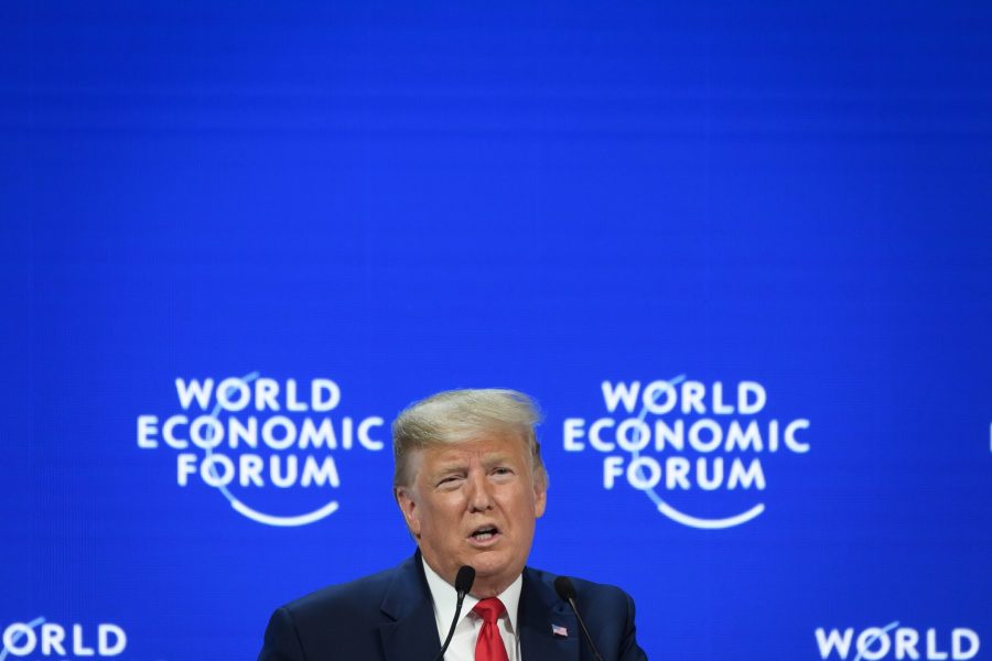 Donald Trump delivers a speech during the World Economic Forum in Davos on Jan. 21, 2020. (Credit: FABRICE COFFRINI/AFP via Getty Images)