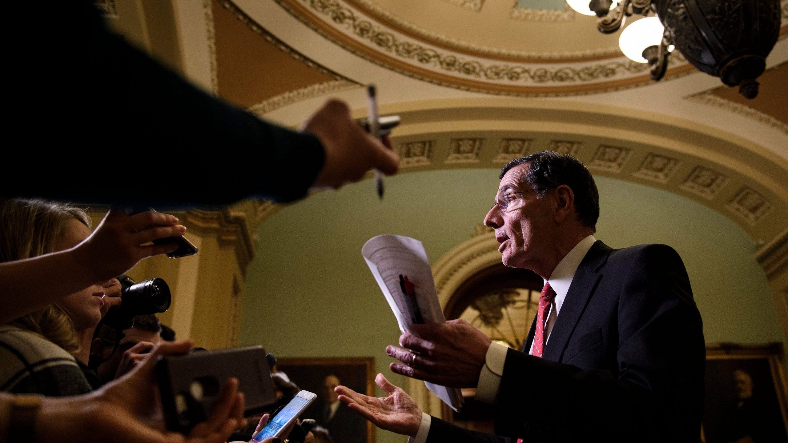 Sen. John Barrasso speaks to reporters during a break from President Donald Trump's impeachment trial on Jan. 31, 2020. (Credit: Brendan Smialowski / AFP / Getty Images)