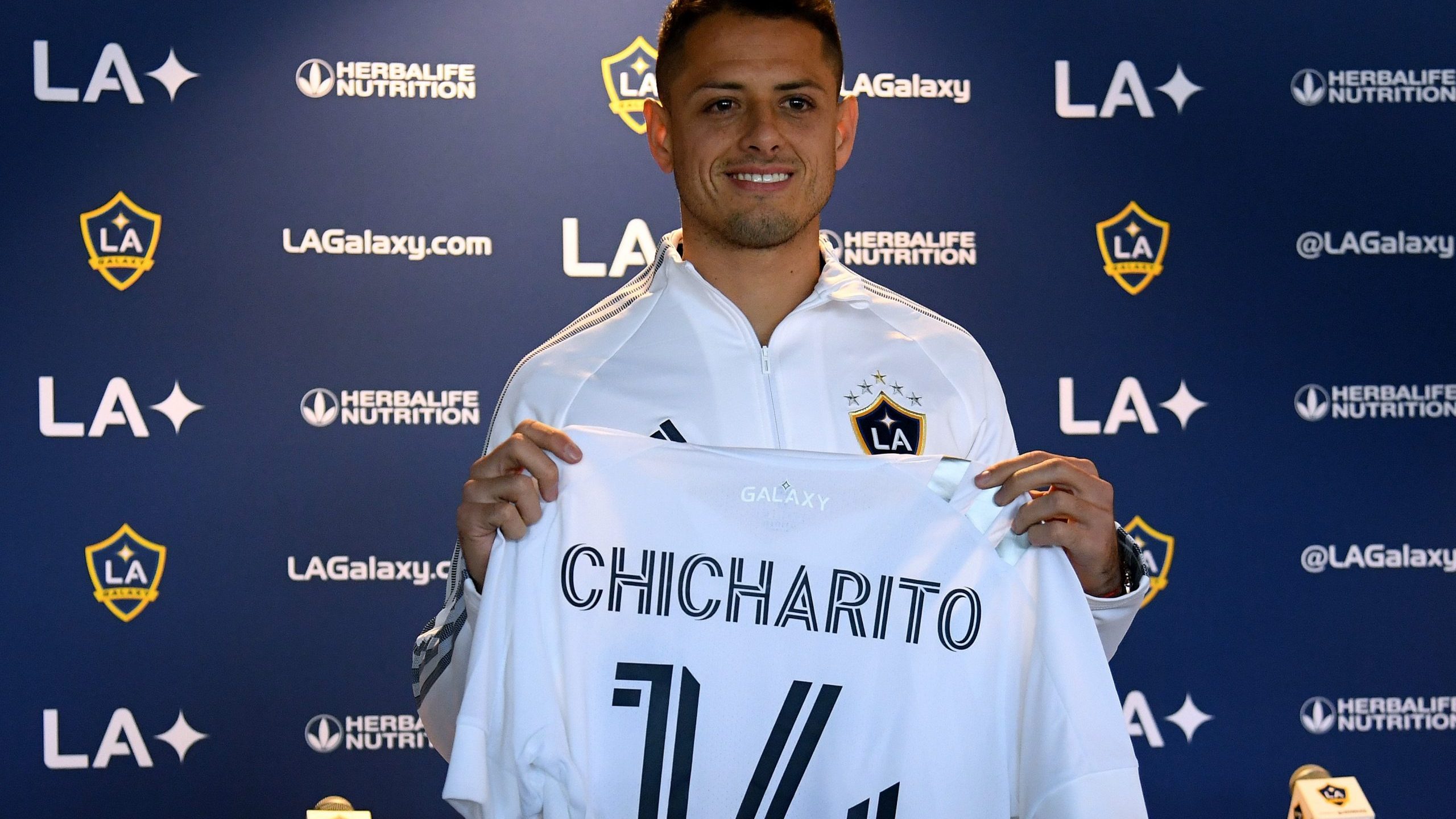 Javier "Chicharito" Hernandez poses with his jersey during a press conference at Dignity Health Sports Park on Jan. 23, 2020 in Carson. (Credit: Harry How/Getty Images)