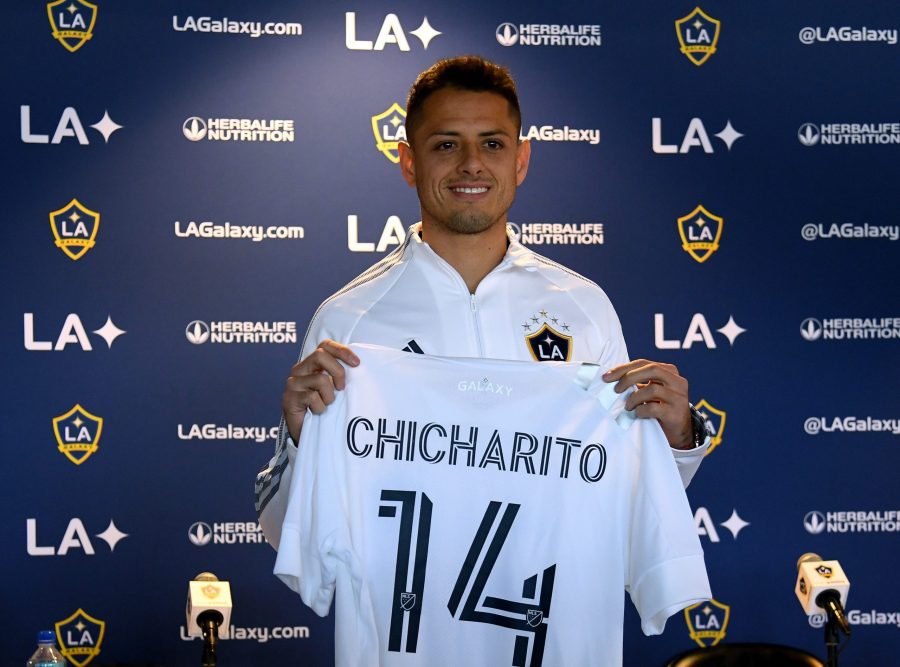 Javier "Chicharito" Hernandez poses with his jersey during a press conference at Dignity Health Sports Park on Jan. 23, 2020 in Carson. (Credit: Harry How/Getty Images)