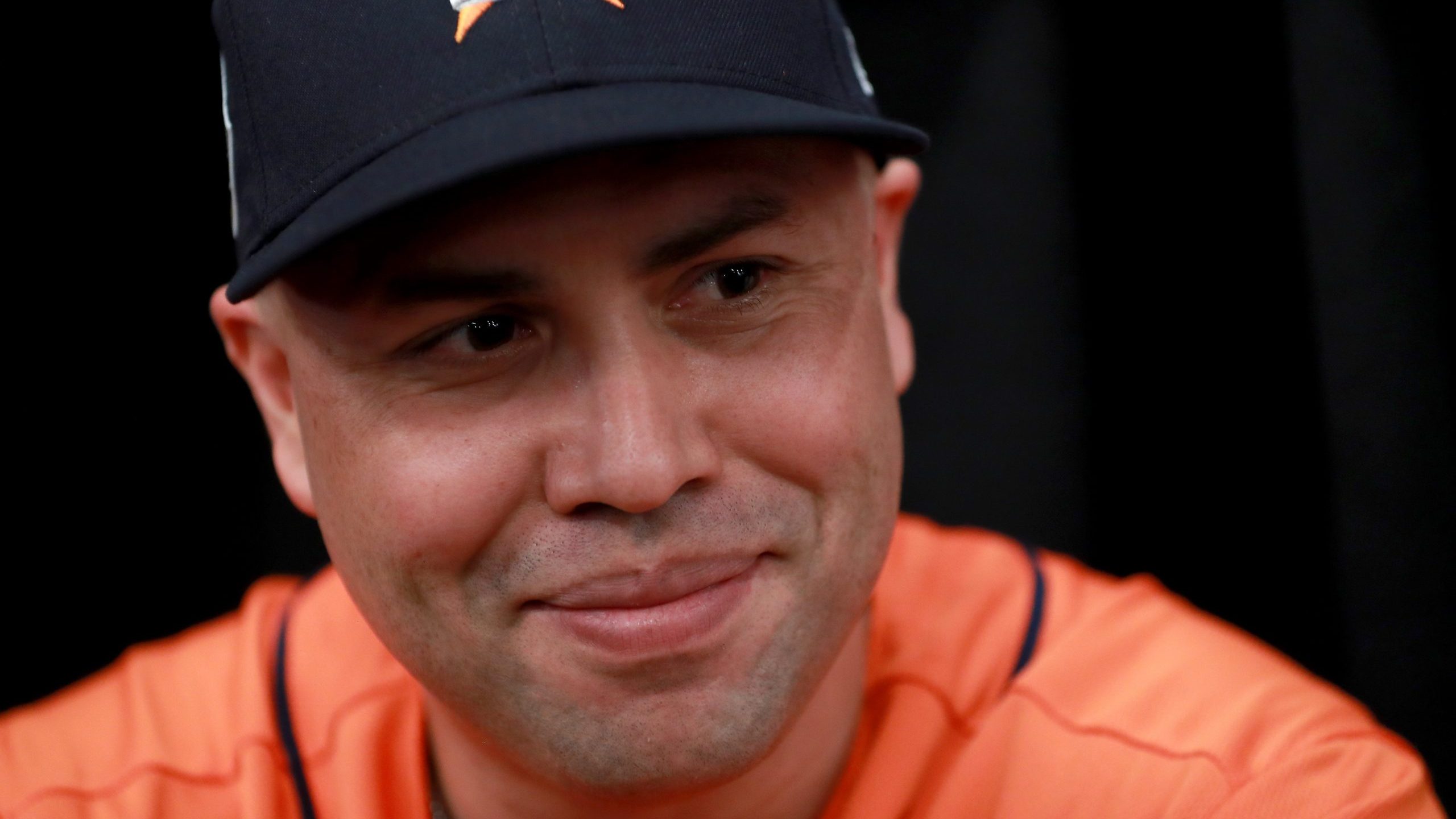 Carlos Beltran of the Houston Astros answers questions from the media ahead of the World Series at Dodger Stadium on Oct. 23, 2017. (Credit: Justin Heiman/Getty Images)