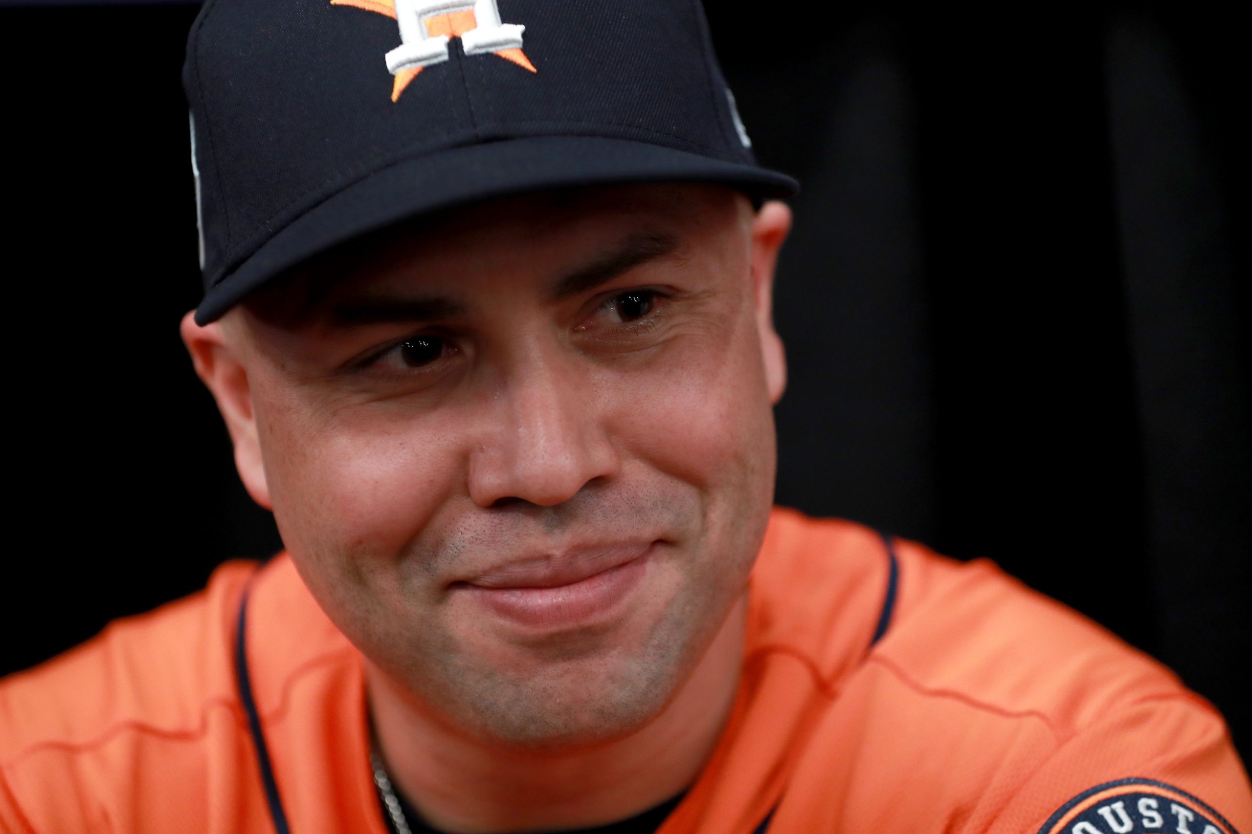 Carlos Beltran of the Houston Astros answers questions from the media ahead of the World Series at Dodger Stadium on Oct. 23, 2017. (Credit: Justin Heiman/Getty Images)